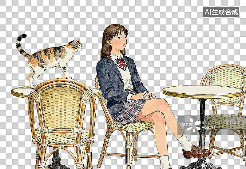 【AI数字艺术】穿制服的少女，与椅背上的三花猫对视而坐图片素材