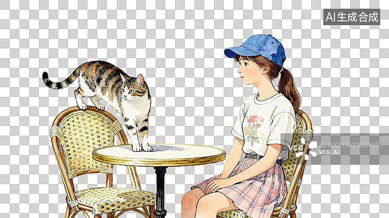 【AI数字艺术】戴蓝帽子的少女，桌旁狸花猫安静陪伴图片素材