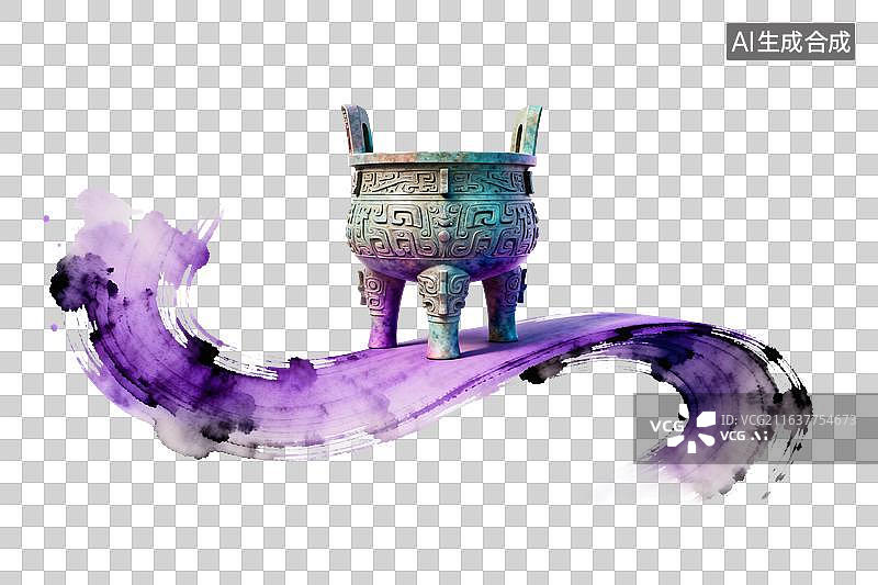 【AI数字艺术】水墨风格，紫色弯曲的飘带上一座青铜鼎PNG格式的免扣元素图片素材