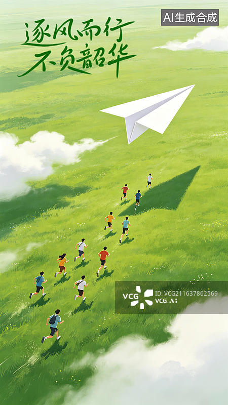 【AI数字艺术】54青年节手绘插画风格创意海报设计 青年人毕业季旅游草原奔跑追逐纸飞机梦想成真自由希望未来理想治愈系图片素材