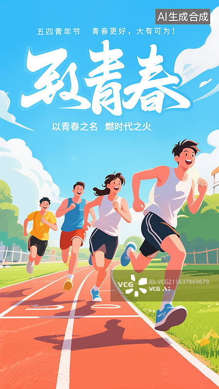 【AI数字艺术】54青年节插画海报模版，一群高中生在马路上奔跑上学，色彩鲜艳的校园场景 ，高考冲刺金榜题名 竖版图片素材