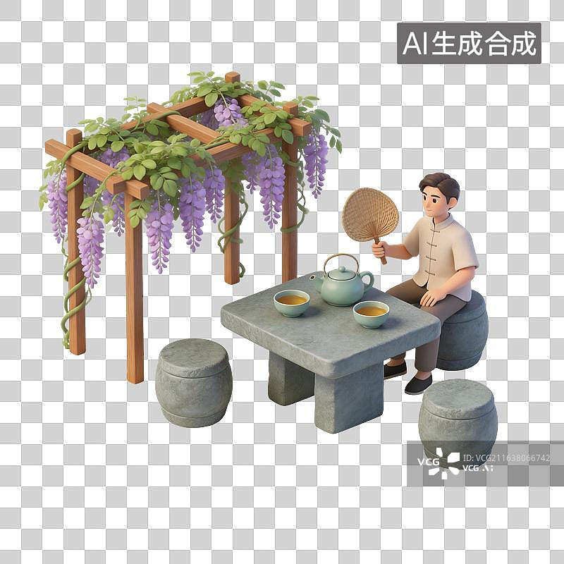 【AI数字艺术】坐在紫藤花下纳凉的男生插画图片素材
