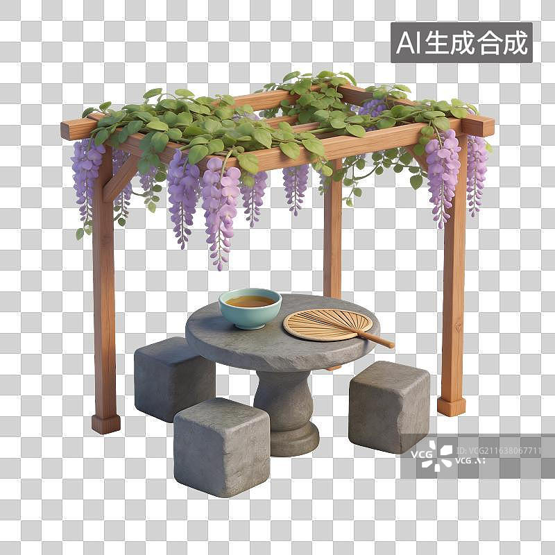 【AI数字艺术】紫藤花花棚石桌子座椅蒲扇凉茶插画图片素材