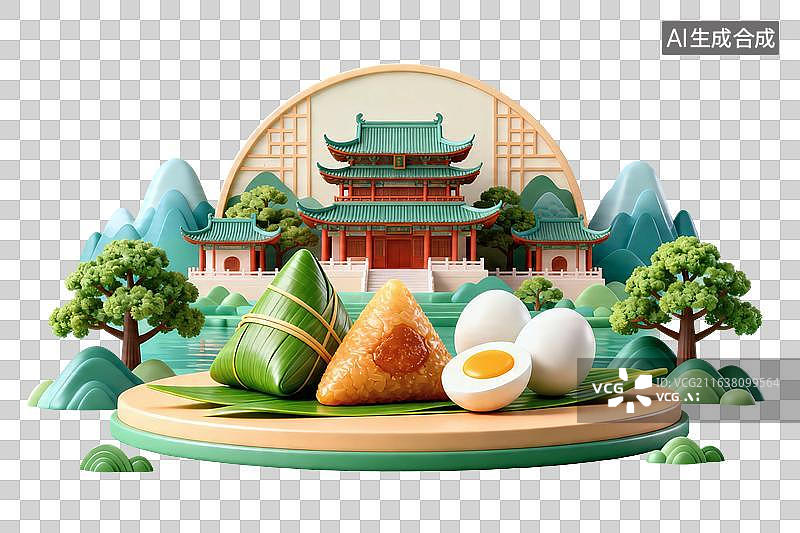 【AI数字艺术】国潮风风格，古代建筑为背景，展台上的鸭蛋与粽子，端午节海报PNG格式的免扣元素图片素材