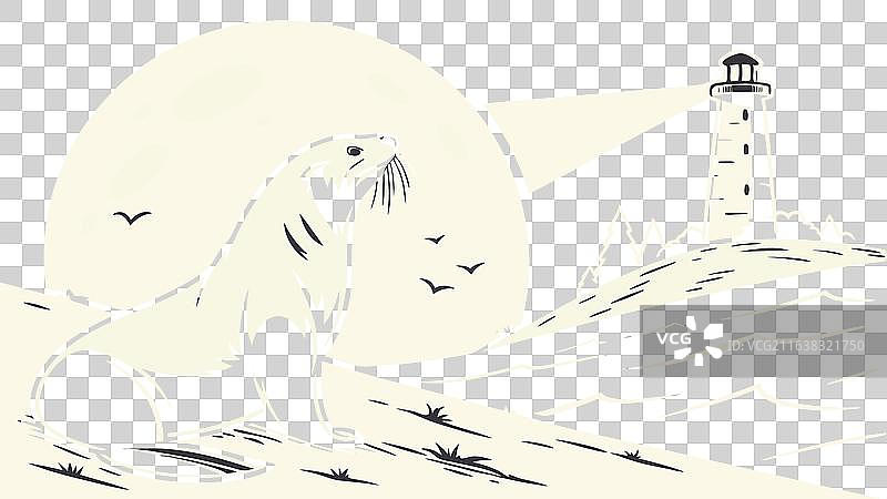 海豹凝视着岩石海岸的灯塔图片素材