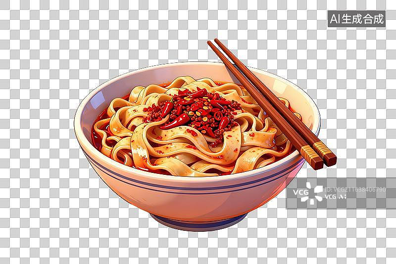 【AI数字艺术】手绘风格，一大碗美味的油泼面，上面放着一双筷子PNG格式的免扣元素图片素材