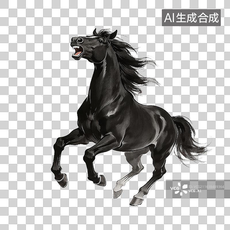 【AI数字艺术】昂首嘶鸣的黑色骏马插画图片素材