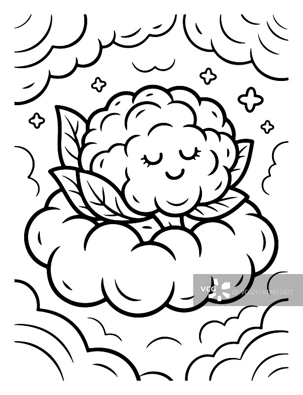漂浮在云朵中的花椰菜角色，用于填色图片素材