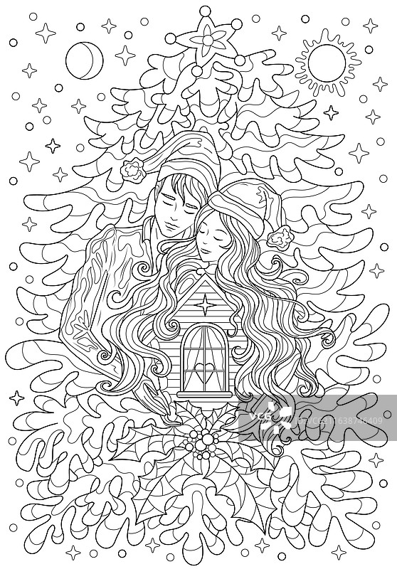 手绘填色页，描绘温馨的家庭图片素材