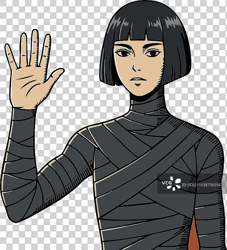 黑色波波头短发的女子，头部缠着绷带图片素材