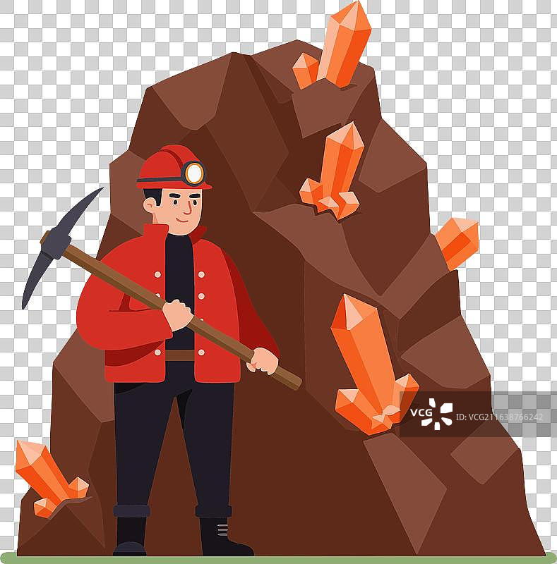 矿工挥舞着镐子，正在开采橙色水晶图片素材