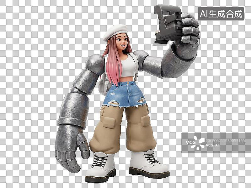 【AI数字艺术】机械臂少女手持相机自拍造型玩偶图片素材