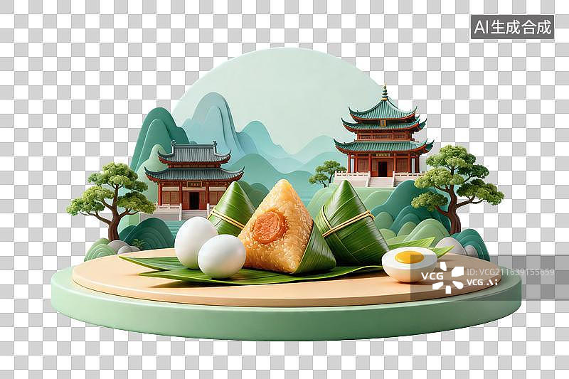 【AI数字艺术】卡通风格，中式美景做背景，展台上的粽子与咸鸭蛋，端午节海报PNG格式的免扣元素图片素材