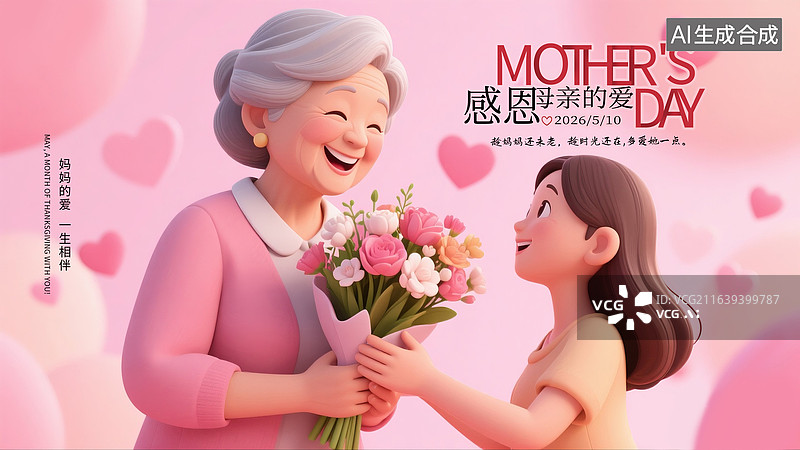 【AI数字艺术】感恩母亲节插画海报模版  成年的年轻女孩给白发母亲送花 母女微笑对视 3D人物 粉色爱心背景 横版图片素材