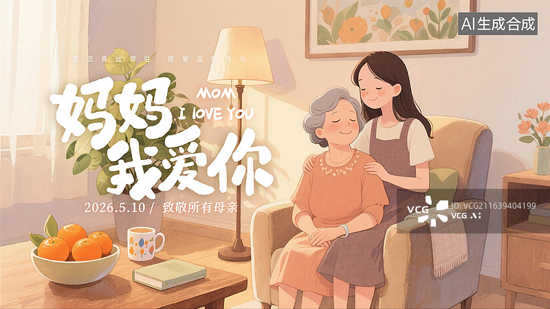 【AI数字艺术】手绘治愈系风格 感恩母亲节公益宣传插画海报  年的女性和年长女性在室内沙发上坐着 室内场景 横版图片素材