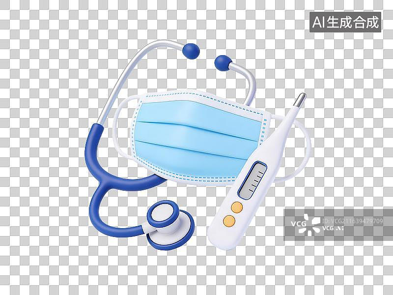 【AI数字艺术】3D 卡通风格，听诊器、医用口罩、体温计组合图片素材