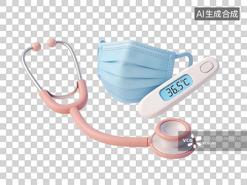 【AI数字艺术】3D 卡通风格，听诊器、医用口罩、体温计组合图片素材