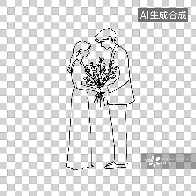 【AI数字艺术】简约黑白线稿并肩站立的一对情侣浪漫温馨的爱情氛围婚礼纪念日情感主题元素图片素材