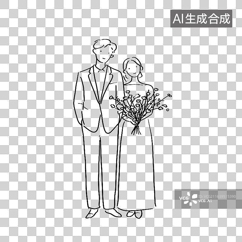 【AI数字艺术】简约黑白线稿并肩站立的一对情侣浪漫温馨的爱情氛围婚礼纪念日情感主题元素图片素材