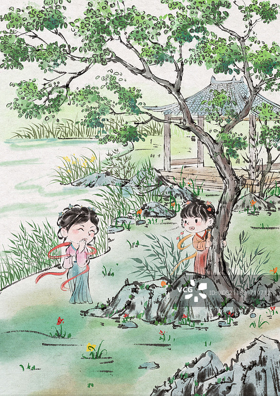 手绘夏日悠闲时光水墨插画图片素材