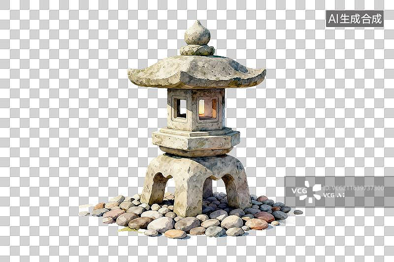 【AI数字艺术】手绘风格，一座古代石灯，下面铺着石子PNG格式的免扣元素图片素材