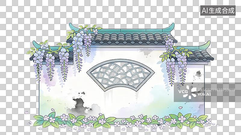 【AI数字艺术】国风古风紫藤花中式建筑花墙图片素材