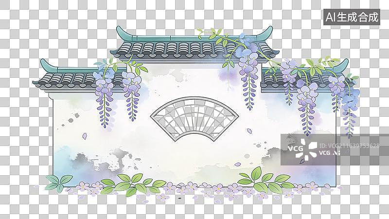 【AI数字艺术】国风古风紫藤花中式建筑花墙图片素材