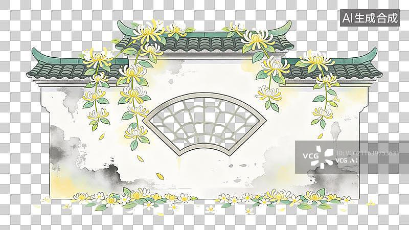 【AI数字艺术】国风古风金银花中式建筑花墙图片素材