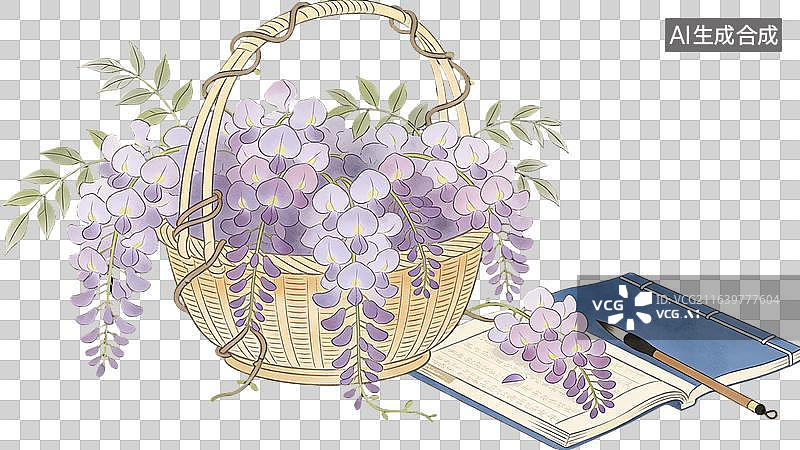 【AI数字艺术】国风水墨紫藤花花篮小场景图片素材