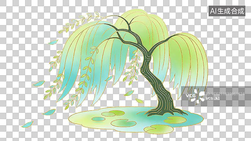 【AI数字艺术】国风古风春天河边绿色垂柳树场景图片素材