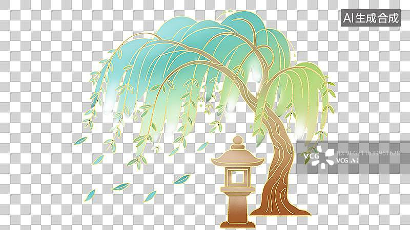 【AI数字艺术】国风古风春天绿色垂柳树场景图片素材