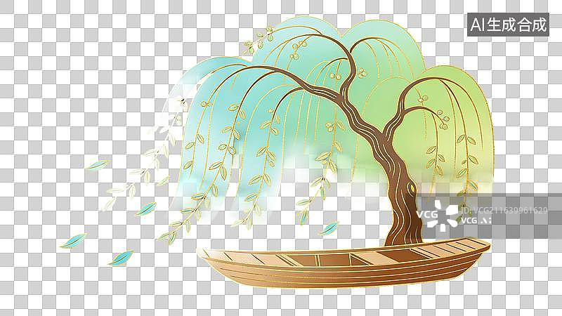 【AI数字艺术】国风古风春天船和绿色垂柳树场景图片素材