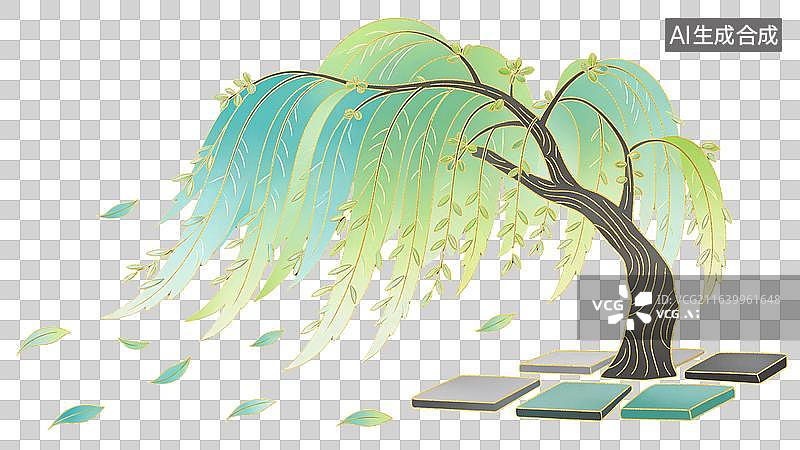 【AI数字艺术】国风古风春天绿色石板垂柳树场景图片素材