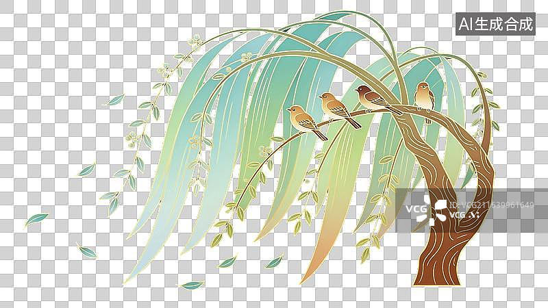 【AI数字艺术】国风古风春天燕子和绿色垂柳树场景图片素材