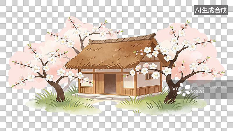 【AI数字艺术】国风水墨古代桃花树和茅草屋小场景元素图片素材