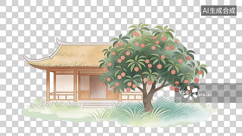 【AI数字艺术】国风水墨古代茅草屋和荔枝树 小场景元素图片素材