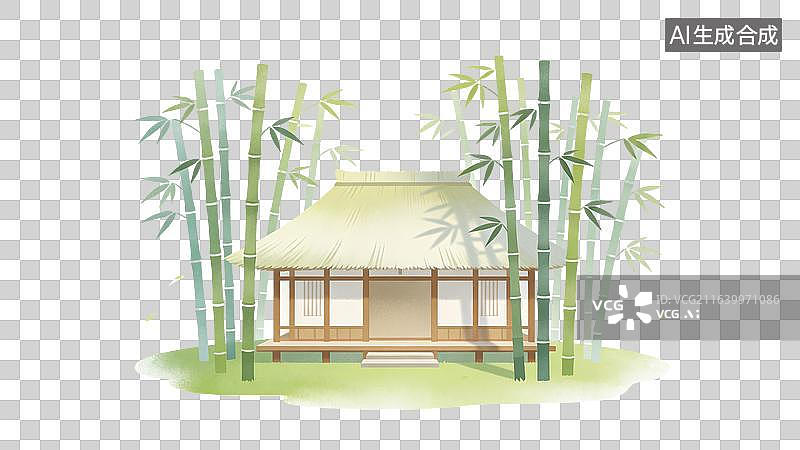 【AI数字艺术】国风水墨古代茅草屋和竹林小场景元素图片素材