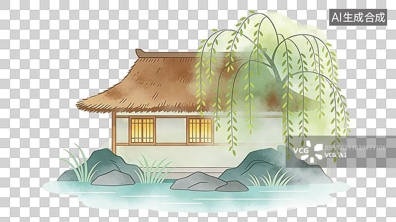【AI数字艺术】国风水墨古代茅草屋和柳树小场景元素图片素材