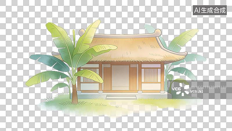 【AI数字艺术】国风水墨古代茅草屋和芭蕉树场景图片素材