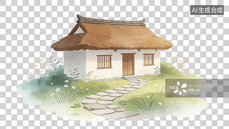 【AI数字艺术】国风水墨山坡上的茅草屋图片素材