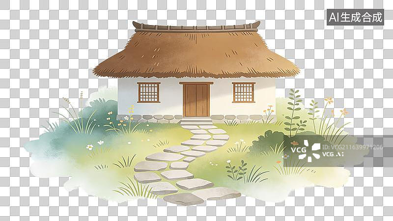 【AI数字艺术】国风水墨山坡上的茅草屋图片素材