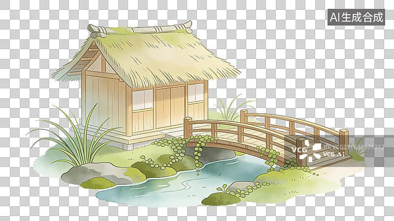 【AI数字艺术】国风水墨小桥流水茅草屋元素图片素材