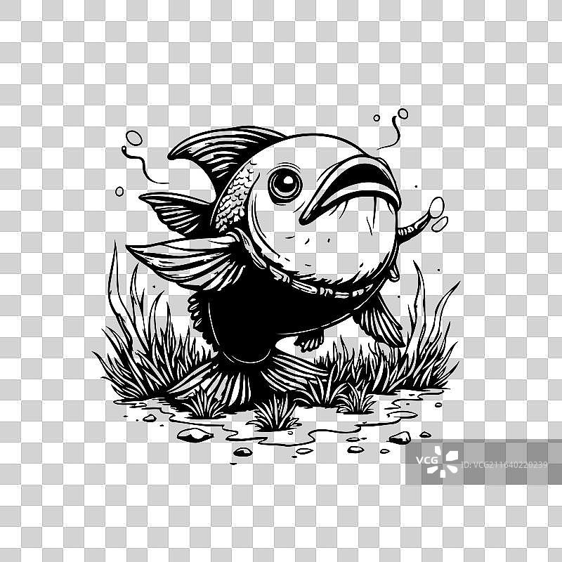 卡通鱼在水生植物中游泳图片素材