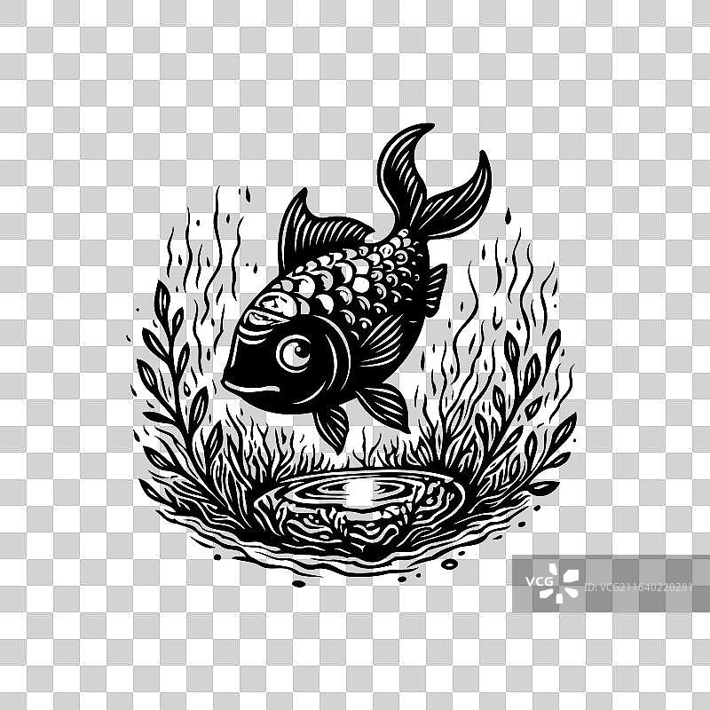 迷人的单色画面，展示一条鱼跃出水面图片素材