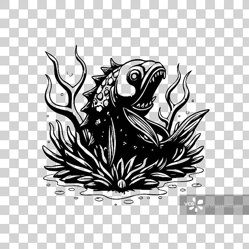 一只恐怖的鱼形怪物从海藻中浮现图片素材