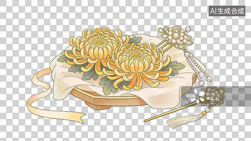 【AI数字艺术】国风描边菊花插画小场景元素图片素材