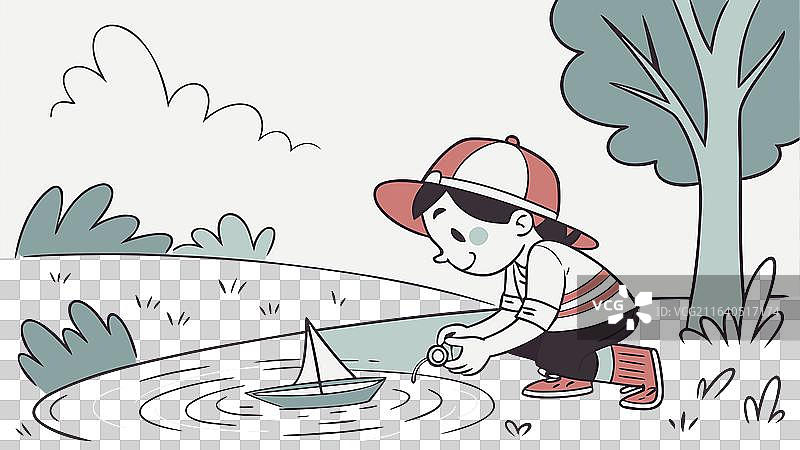 男孩在水坑里玩玩具船的童年时光图片素材