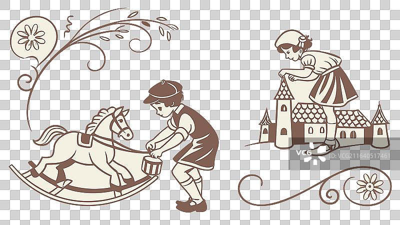 孩子们玩着玩具马和城堡图片素材