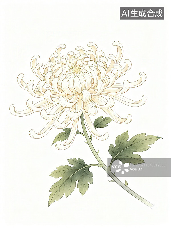 【AI数字艺术】传统工笔手绘古典白色菊花图片素材