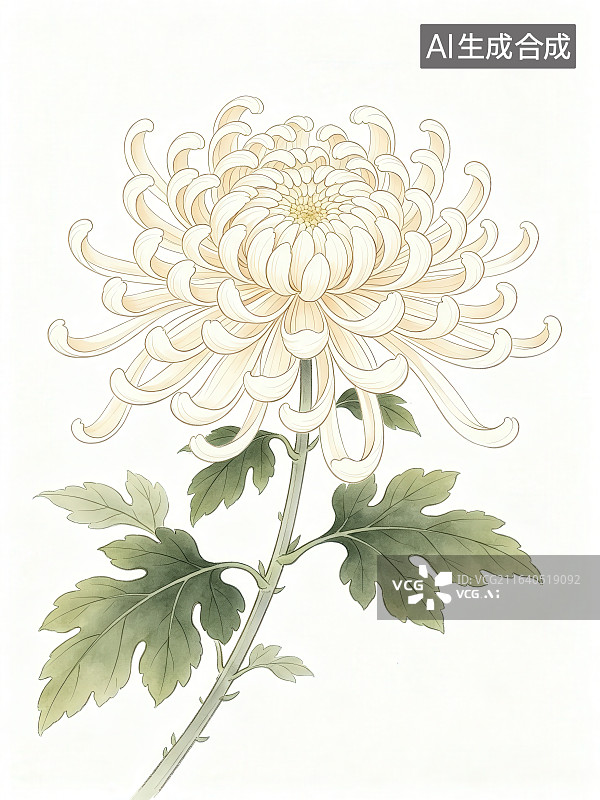 【AI数字艺术】传统工笔手绘古典白色菊花图片素材